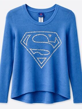 DC Comics Woman’s/Junior Blue Crewneck Sweater with Metallic Superman Logo 🩵💙🩵